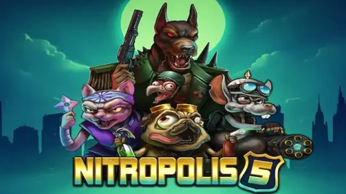 Nitropolis 5 স্লট গেমের একটি দৃশ্য যেখানে যুদ্ধের আবহ এবং রিলগুলো দেখা যাচ্ছে।